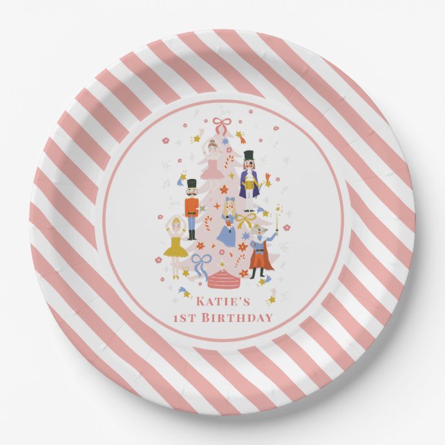 Nutcracker Pink Christmas Tree Birthday Paper Plate (Front)