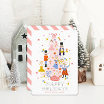 Nutcracker Pink Christmas Tree Holiday Card<br><div class="desc">This cute and festive Christmas holiday card features a pink christmas tree decorated with nutcracker characters. The reverse side features a white background with pink diagonal stripes. Personalise it for your needs. You can find matching products at my store.</div>