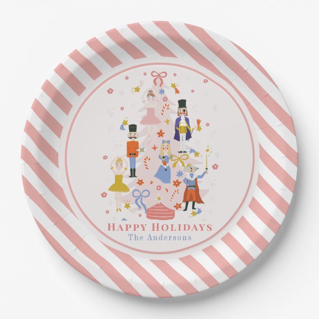 Nutcracker Pink Christmas Tree Holiday Paper Plate (Front)