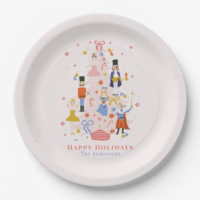 Nutcracker Pink Christmas Tree Holiday Paper Plate (Front)