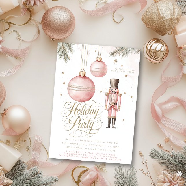 Nutcracker Pink Gold Ornaments Holiday Party Invitation (Creator Uploaded)