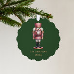 Nutcracker pink green simple Christmas Tree Decoration Card<br><div class="desc">Green background,  and a pink nutcracker.  Personalise and add a name and year.</div>