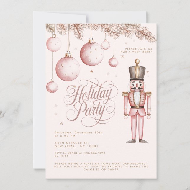 Nutcracker Pink Rose Gold Ornaments Holiday Party Invitation (Front)