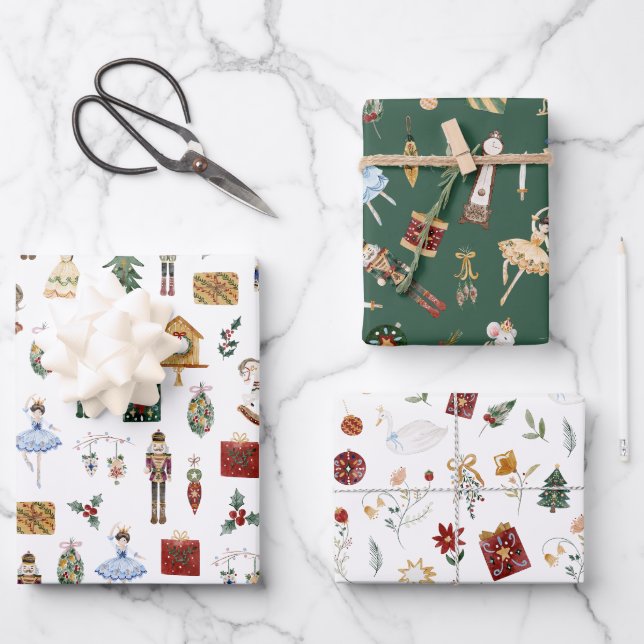 Nutcracker red gold ballerina birthday party wrapping paper sheet (Front)