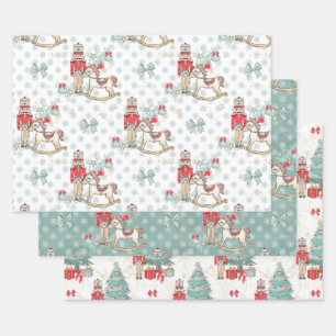 Nutcracker, rocking horse, Christmas tree Wrapping Paper Sheet
