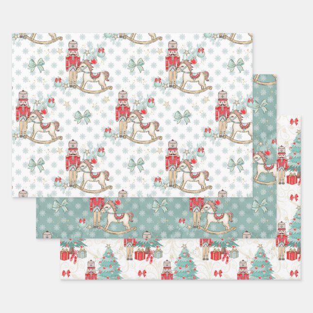 Nutcracker, rocking horse, Christmas tree Wrapping Paper Sheet (Set)