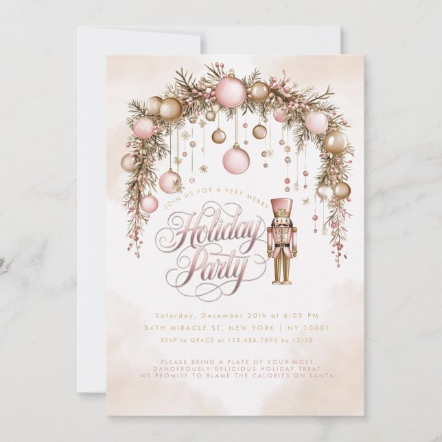 Nutcracker Rose Gold Ornaments Pink Holiday Party Invitation (Front)