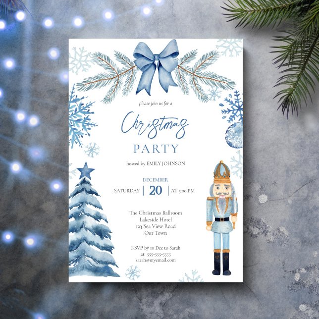 Nutcracker silver blue bow Christmas Party Invitation (Nutcracker silver blue bow snowflakes whimsical Christmas Party Invitation card template)