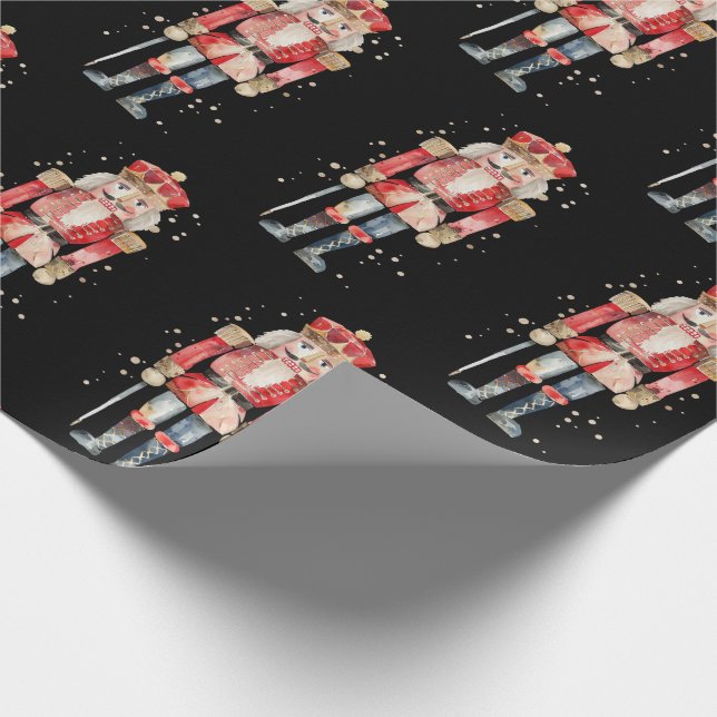 Nutcracker Soldier Snow Red Uniform on Black Wrapping Paper (Corner)