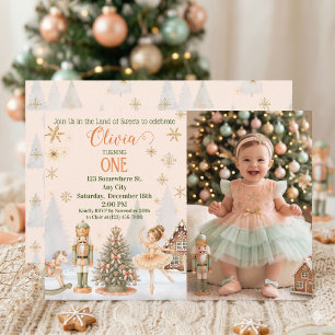 Nutcracker Sugar Plum Peach Mint Sweet One Photo Invitation
