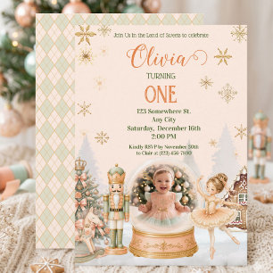  Nutcracker Sugar Plum Snow Globe Photo 1st B-day Invitation