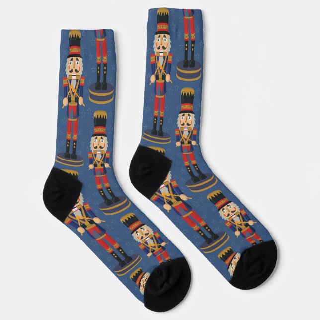 Nutcracker Toy Soldier Drummer Blue Christmas Socks (Right)