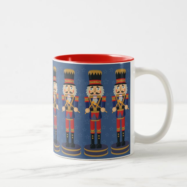 Nutcracker Toy Soldier Drummer Blue Pattern Two-Tone Coffee Mug (Right)