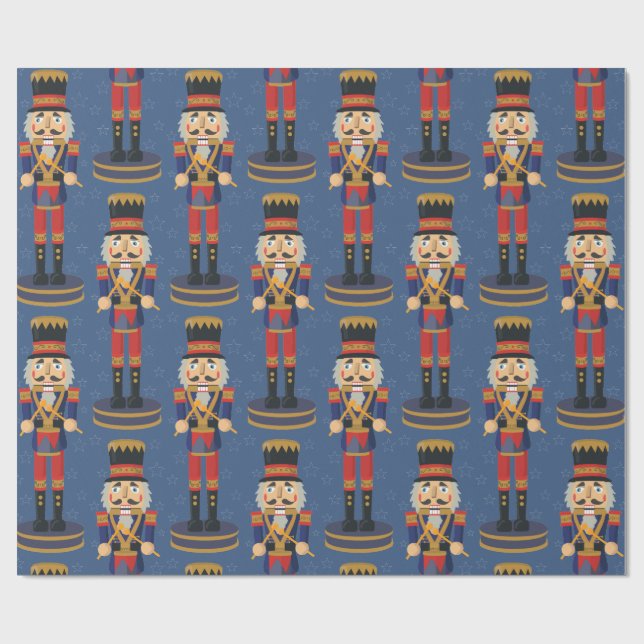 Nutcracker Toy Soldier Drummer Blue Pattern Wrapping Paper (Flat)
