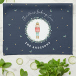 Nutcracker traditional botanical blue Christmas Tea Towel<br><div class="desc">Nutcracker watercolor botanical cute special delivery traditional Christmas festive holiday gift navy blue holiday baking crew tea towel design.</div>