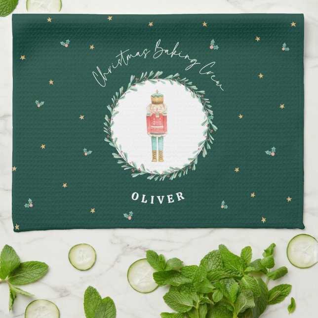 Nutcracker traditional botanical green Christmas Tea Towel (Folded)