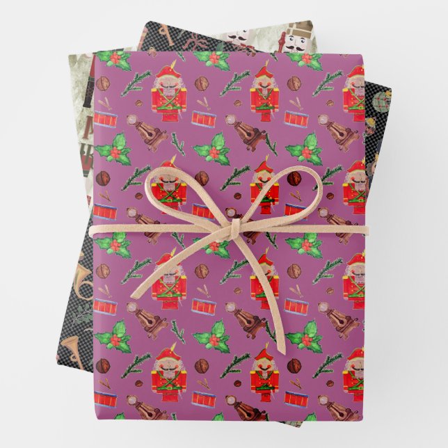   Nutcracker Trio Plum  Black Green Wrapping Paper Sheet (In situ)