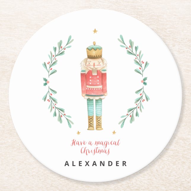Nutcracker watercolor botanical cute Christmas Round Paper Coaster (Front)