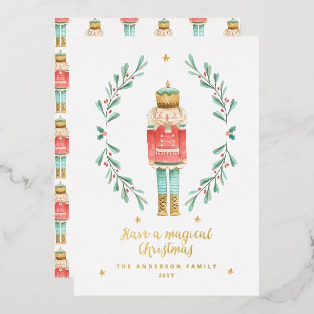 Nutcracker watercolor botanical cute  foil holiday card (Front/Back)