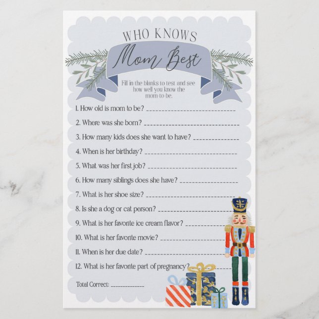 nutcracker who knows mum best baby shower game (Front)