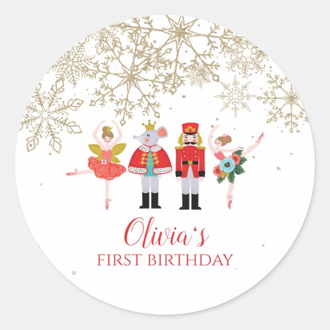Nutcracker Winter Ballet Gold Snowflake Birthday Classic Round Sticker (Front)