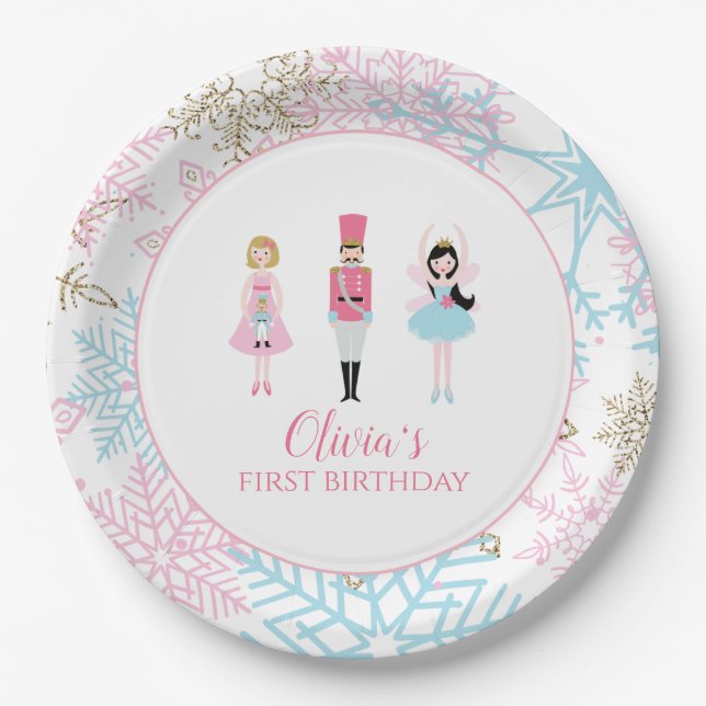 Nutcracker Winter Ballet Snowflake Birthday Paper Plate (Front)