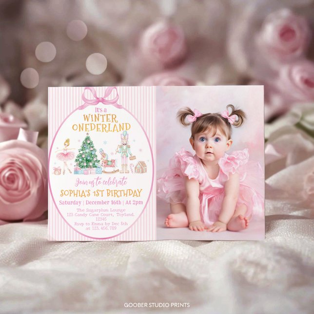 Nutcracker Winter Onederland Pink Birthday Photo Invitation (Creator Uploaded)