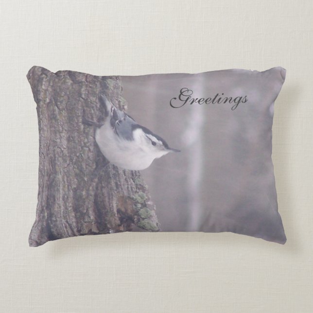 Nuthatch Designer Christmas Greeting Pillow (Front)