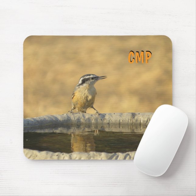 Nuthatch on birdbath   mouse mat (With Mouse)