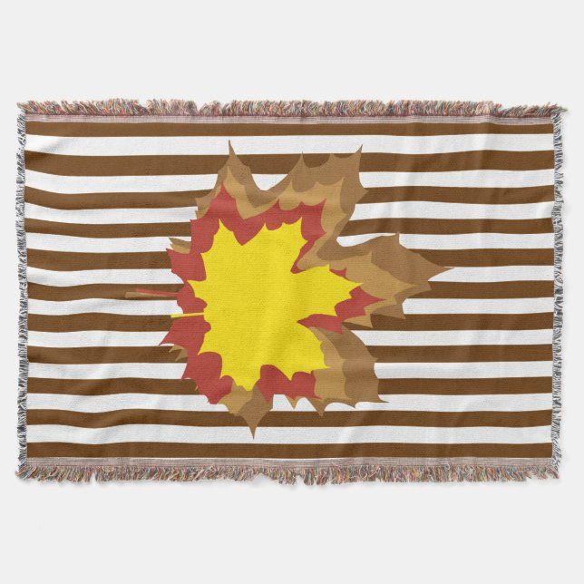 Nutmeg Autumnal Stripes with Leaves Throw Blanket (Front)