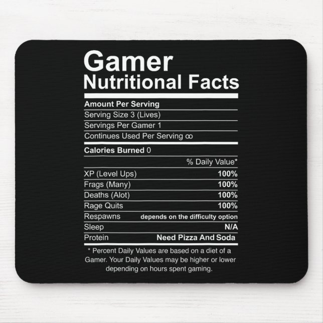 Nutritional Facts Cool Gamer Video Game Funny  Mouse Mat (Front)