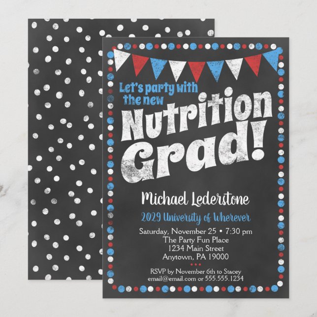 Nutritionist Graduation Party Invitation Red Blue (Front/Back)