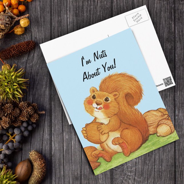 Nuts About You Cute Squirrel Postcard (Cute red squirrel eating his stash of nuts acorns with the Text "I'm Nuts About You" on postcard.)