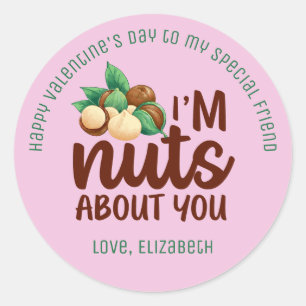 Nuts About You Funny Pun Cute Valentine's Day Pink Classic Round Sticker