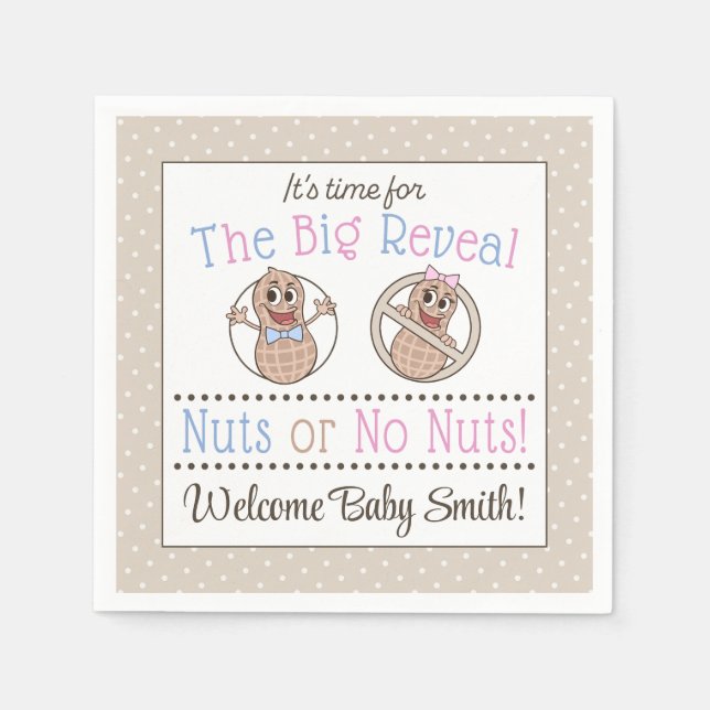 Nuts or No Nuts gender reveal paper party napkins (Front)