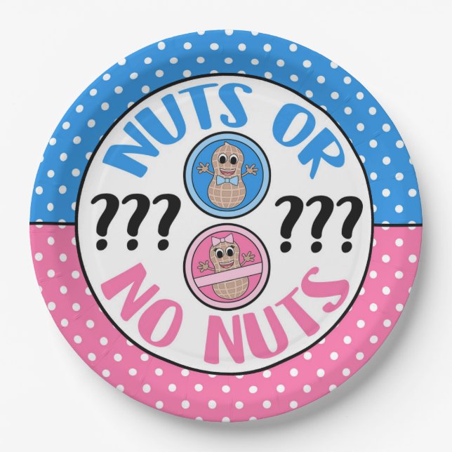 Nuts or No Nuts themed gender reveal party plates (Front)