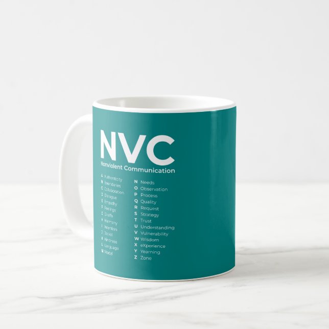 NVC Nonviolent Communication Alphabet Coffee Mug (Front Left)