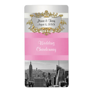 NY City Skyline BW 05 White, Pink Wine Label