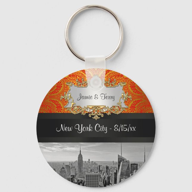 NY City Skyline BW 111 Red Gold Paisley Key Chain (Front)