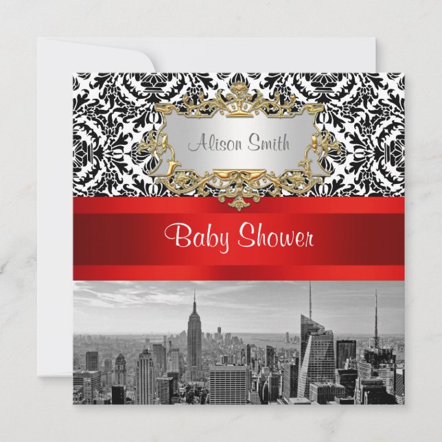 NY City Skyline BW 432 Damask Baby Shower Invite (Front)