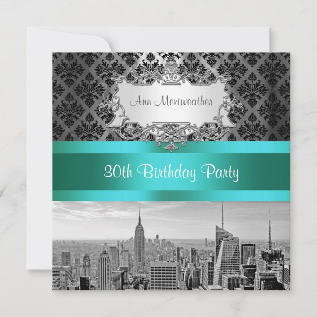 NY City Skyline BW B3 Damask Birthday Party Invite (Front)
