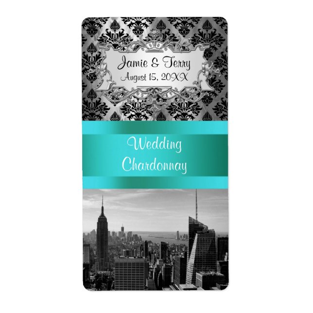 NY City Skyline BW B3 Damask F2 - Wine Label (Front)
