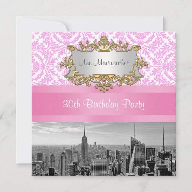 NY City Skyline BW D4P Pink Damask Birthday Party Invitation (Front)
