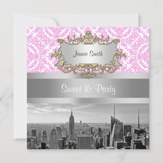 NY City Skyline BW D4P Pink White Damask Invitation (Front)