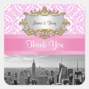 NY City Skyline BW D4P Pink White Damask Thank You Square Sticker