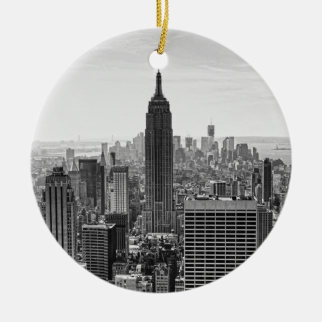 NY City Skyline Emp St Bldg, WTC BW Ceramic Tree Decoration (Front)