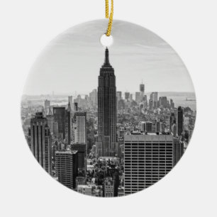 NY City Skyline Empire State Building, WTC BW Ceramic Tree Decoration