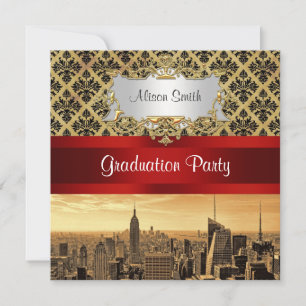 NY City Skyline Sepia B4 Damask Graduation Invite