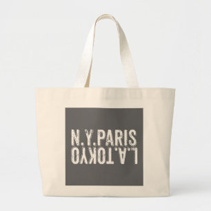 NY Paris Tokyo LA in Distressed Font Large Tote Bag