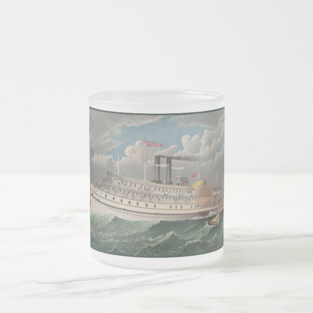 NY Voyage Grand Paddlewheel Steamboat The Pilgrim  Frosted Glass Coffee Mug (Center)